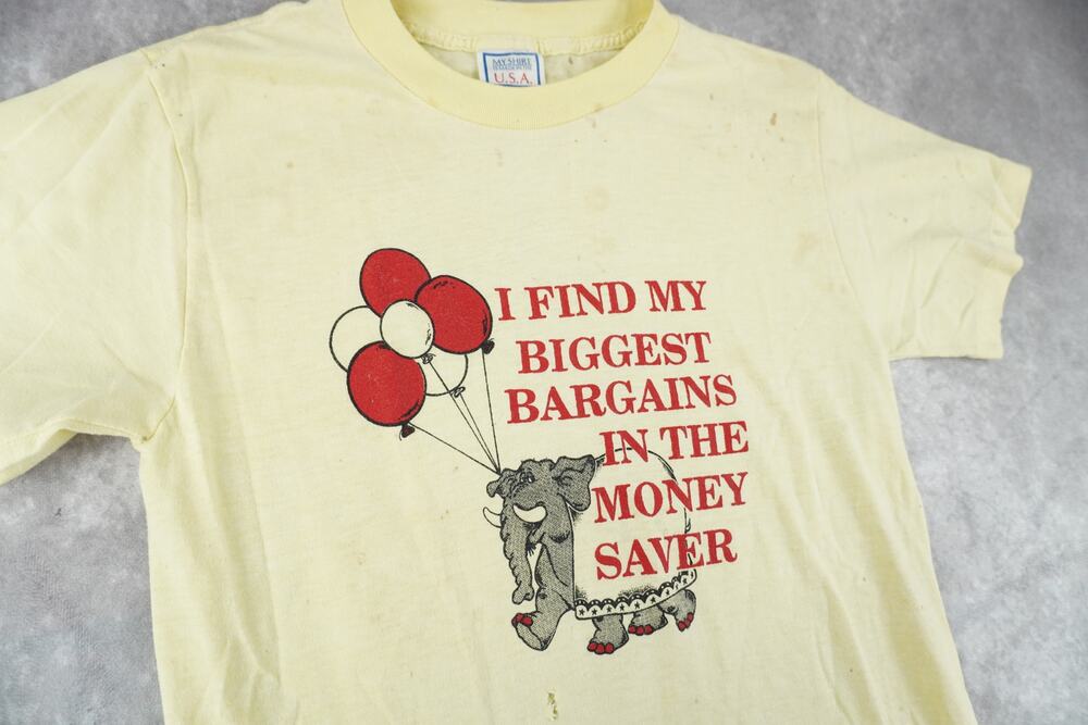 Vintage 80s Money Saver Graphic T-Shirt Made in USA Distressed Yellow Tee M